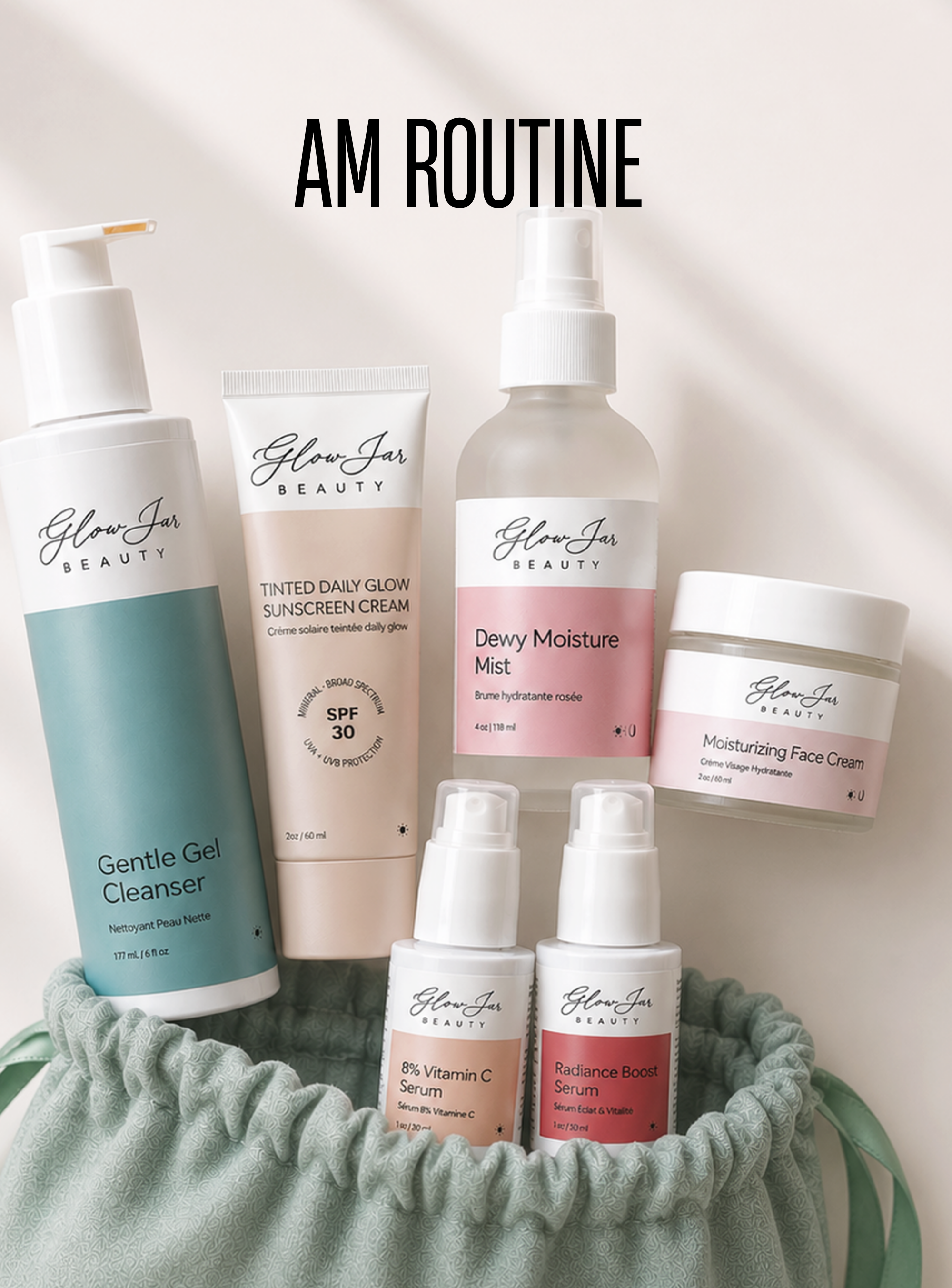 Gentle Gel Cleanser, SPF 30, Dewy Moisture Mist, Moisturizing face Cream Vitamin C Serum, Radiance Boost Serum 