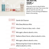 An informational skincare routine graphic with a small product lineup at the top and a step-by-step how-to list below. The text reads 'HOW TO USE: AM ROUTINE STEPS' and lists cleanser, mist, vitamin C serum, radiance boost serum, moisturizing face cream, and tinted daily glow sunscreen.
