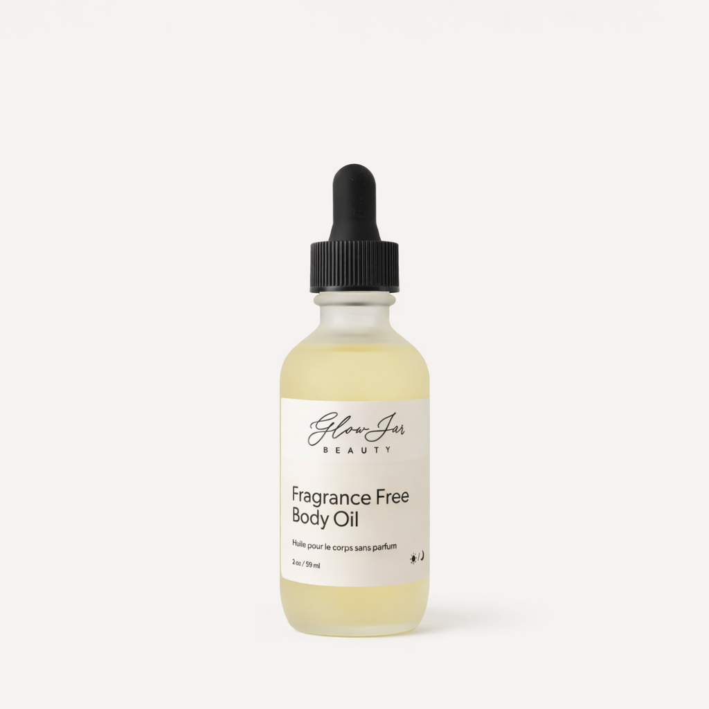 Bottle of Glow Jar Beauty fragrance-free body oil on a white background