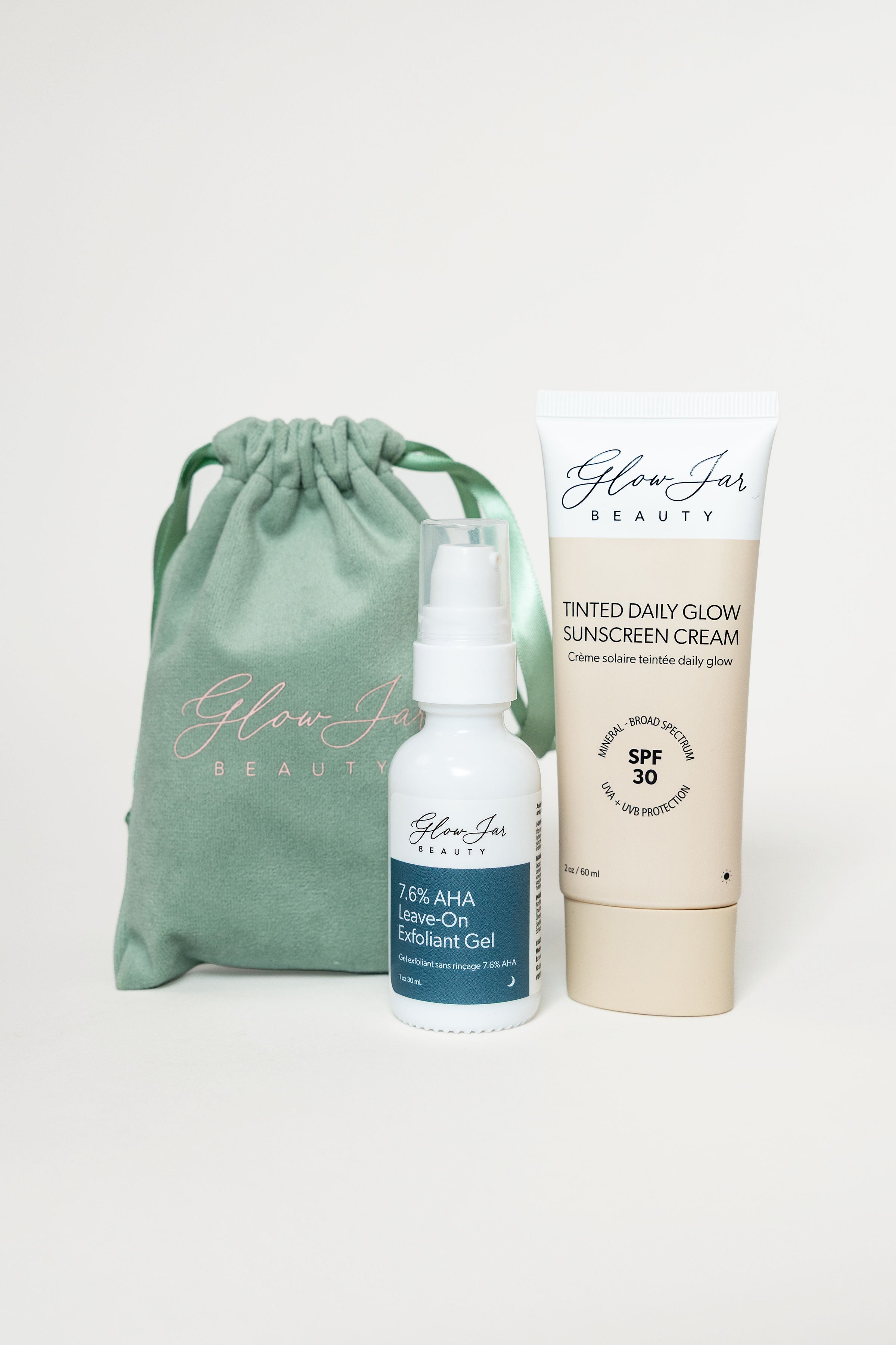 Exfoliate+Protect Glow Jar Beauty Bundle 7.6%aha Leave-On Exfoliant and Tinted SPF Sunscreen