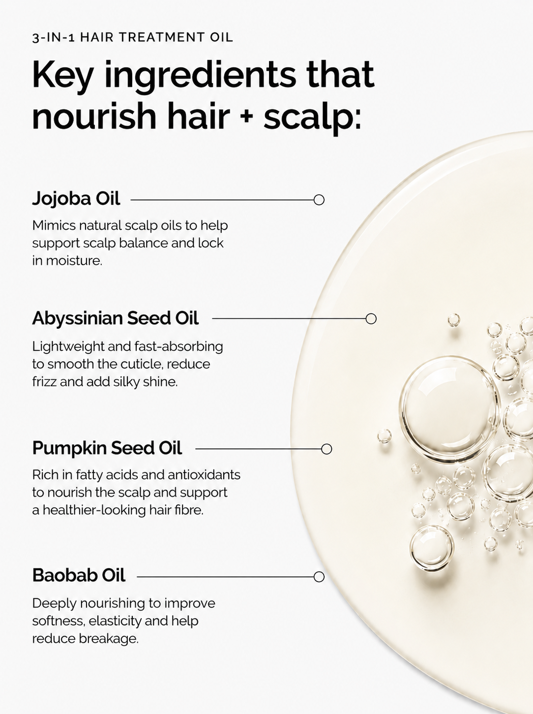3 In 1 Hair treatment oil with key ingredients labeled on a white background