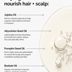 3 In 1 Hair treatment oil with key ingredients labeled on a white background