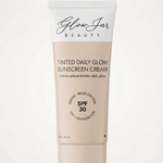 Tube of Glow Jar Beauty Tinted Daily Glow Sunscreen Cream on a white background