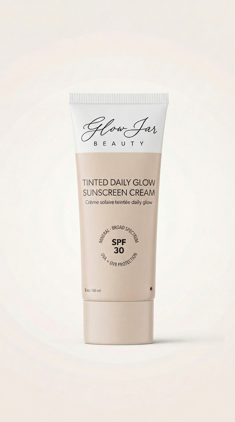 Tube of Glow Jar Beauty Tinted Daily Glow Sunscreen Cream on a white background